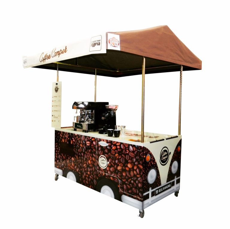 Mobile coffee cart for hire with stainless steel counter and bean-to-cup machine, perfect for festivals and street trading