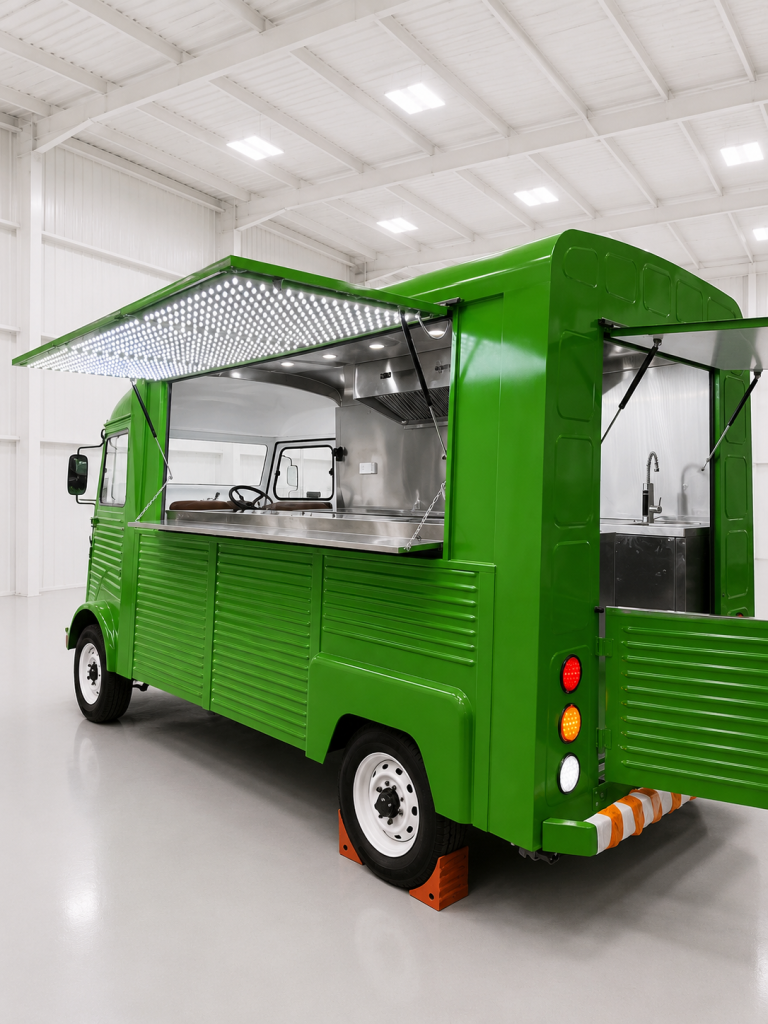 Food truck in green with all the hatch and doors open