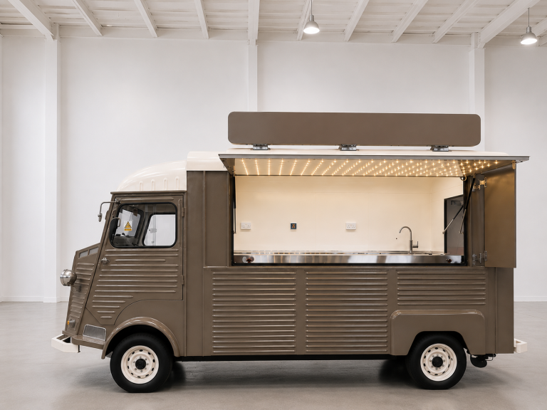 Citroën HY style mobile bar with large serving hatch and stainless steel counter
